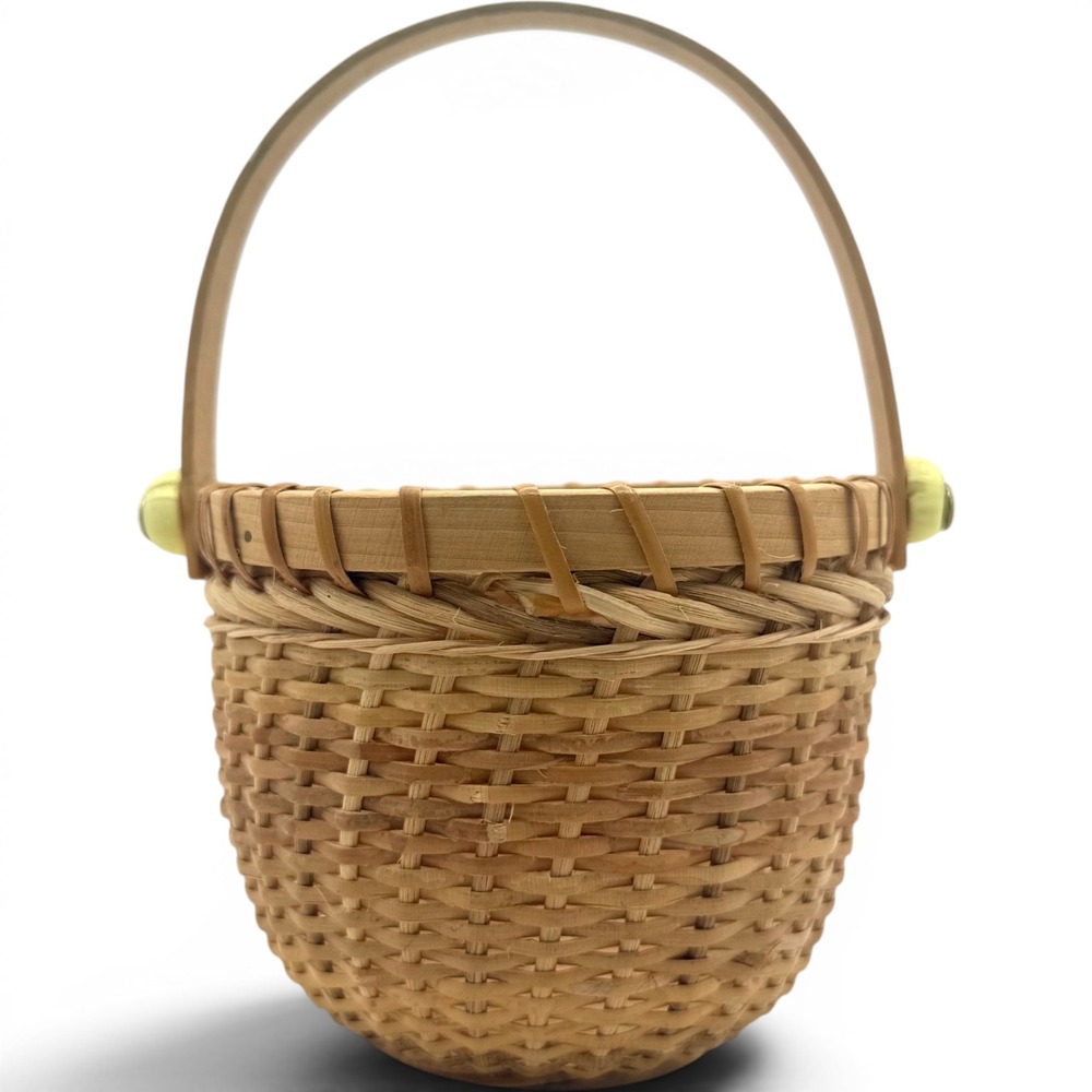 Vintage Nantucket Style Handwoven Splint Basket Swing Handle Yellow Knobs